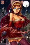  2015 animal_ears bare_shoulders bell bell_choker belt blue_eyes braid breasts brown_hair cat_ears choker christmas cityscape cleavage commentary completion_time dress elbow_gloves full_moon glasses gloves hair_over_shoulder hat highres large_breasts lips long_hair merry_christmas moon original purple_legwear red_dress red_gloves rimless_eyewear ryu_shou sack santa_costume santa_hat short_dress single_braid slit_pupils smile snowing solo strapless strapless_dress tail thighhighs zettai_ryouiki 