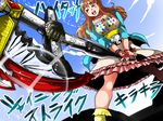  &gt;_&lt; :d axe closed_eyes crossover happy idolmaster idolmaster_cinderella_girls isuna jewelry kamen_rider kamen_rider_wizard kamen_rider_wizard_(series) moroboshi_kirari open_mouth parody ring smile sunrise_stance weapon xd 