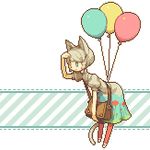  animal_ears bag balloon braid cat_ears cat_tail dress floating grey_hair hand_on_forehead handbag looking_afar lowres messenger_bag original over_shoulder pixel_art puffy_sleeves red_legwear shading_eyes short_hair shoulder_bag solo striped striped_background tail transparent_background uruchimai 