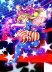  ;p american_flag_dress american_flag_legwear ass blush_stickers chima_q clownpiece fire flame full_body hat jester_cap laser long_hair looking_at_viewer one_eye_closed outstretched_arm pantyhose pink_eyes short_sleeves solo star star_print striped striped_legwear tongue tongue_out torch touhou very_long_hair 