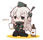  alcohol beer beer_mug blush bottle chibi commentary cup drunk garrison_cap german german_flag green_eyes hat highres holding holding_cup kantai_collection long_hair looking_at_viewer nuu_(nu-nyu) silver_hair sitting solo translated u-511_(kantai_collection) wariza 