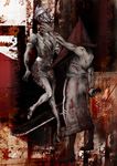  1girl bandages blood breasts bubble_head_nurse cleavage faceless hat helmet highres monster_girl muscle nurse nurse_cap pyramid_head silent_hill silent_hill_2 sword weapon 