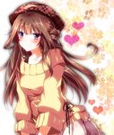  ahoge alternate_costume beret blush brown_hair casual double_bun hat heart kantai_collection kongou_(kantai_collection) long_hair looking_at_viewer nanoha-h off-shoulder_sweater plaid_hat purple_eyes smile solo sweater 
