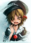  adapted_costume blonde_hair hair_over_one_eye hand_to_own_mouth harusame_(unmei_no_ikasumi) hat looking_at_viewer lunasa_prismriver nightcap open_mouth solo tears touhou upper_body yawning yellow_eyes 