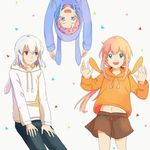  :d akita_toushirou animal_hood blonde_hair blue_eyes bunny_hood honebami_toushirou hood hoodie long_hair male_focus midare_toushirou multiple_boys nemuricha open_mouth orange_shirt otoko_no_ko pink_hair ponytail purple_eyes shirt shorts smile touken_ranbu upside-down white_hair 