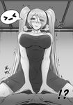  1girl blush breasts cleavage cowgirl_position emoticon girl_on_top greyscale hetero highres large_breasts league_of_legends lee_sin long_hair monochrome oldlim sona_buvelle straddling twintails very_long_hair 