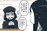  1girl abyssal_admiral_(kantai_collection) admiral_suwabe black_eyes black_hair hat kantai_collection kei-suwabe military military_uniform naval_uniform peaked_cap ru-class_battleship shinkaisei-kan sweat sweatdrop sweating_profusely translated uniform white_skin 