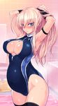  adjusting_hair armpits arms_up bathroom bathtub black_gloves black_legwear blonde_hair blue_eyes blush breasts cleavage cleavage_cutout covered_navel front_zipper_swimsuit gloves hanna-justina_marseille large_breasts long_hair looking_at_viewer meme_attire null_(nyanpyoun) one-piece_swimsuit ponytail pregnant solo strike_witches swimsuit thighhighs tying_hair wet world_witches_series zipper 