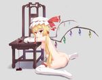  absurdres alcohol ass beads blonde_hair blush bow breasts chair cup demon_wings drink drinking_glass dripping elbow_gloves flandre_scarlet frilled_hat frills from_side gem glass gloves grey_background hair_beads hair_ornament hat hat_ribbon highres jewelry long_hair nipples nude red_bow red_eyes red_ribbon reflection ribbon simple_background sitting small_breasts solo spill thighhighs touhou wariza white_gloves white_legwear wine wine_glass wings yiran_kuxiao 