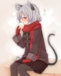  akagashi_hagane alternate_costume animal_ears blush coat food full-face_blush gloves grey_legwear long_sleeves mouse mouse_ears mouse_tail nazrin open_mouth pantyhose profile red_eyes red_gloves scarf sitting skirt solo tail text_focus touhou winter_clothes 