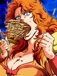  bad_id bad_pixiv_id blue_eyes breasts brown_hair chocolate cleavage food full_mouth gabriel_(dadaist) hokuto_no_ken large_breasts mamiya pocky pocky_day solo too_many upper_body you're_doing_it_wrong 