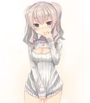  blush breasts cleavage covering covering_crotch grey_eyes isegawa_yasutaka jewelry kantai_collection kashima_(kantai_collection) large_breasts long_hair looking_at_viewer meme_attire necklace no_pants open-chest_sweater ribbed_sweater silver_hair solo sweater turtleneck twintails wavy_hair 