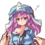  :o bare_shoulders blue_bow blush bow breasts expressionless hair_between_eyes hands hat japanese_clothes long_hair medium_breasts mob_cap off_shoulder open_mouth parted_lips pink_eyes pink_hair pov ryogo saigyouji_yuyuko short_hair simple_background solo_focus touhou translated triangular_headpiece upper_body waking_up white_background 