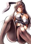 amane_ruri animal_ears bare_arms bare_shoulders black_legwear blush bow breasts brown_eyes brown_hair bunny_ears bunny_girl bunnysuit cleavage detached_collar large_breasts legs long_hair open_mouth original pantyhose solo white_background wrist_cuffs 