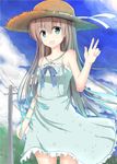  bad_id bad_pixiv_id blue_dress brown_hair dress hat highres long_hair looking_at_viewer open_mouth original outdoors shirotaso0818 solo straw_hat 