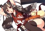  arms_up bad_id bad_pixiv_id black_hair black_panties brown_legwear chestnut_mouth floral_print japanese_clothes kimono long_sleeves oni oni_horns open_mouth original panties red_eyes samegami solo thighhighs thighs underwear wide_sleeves 