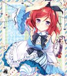  alice_(wonderland) alice_(wonderland)_(cosplay) alice_in_wonderland blush card cosplay dress love_live! love_live!_school_idol_project mocha_(naturefour) nishikino_maki playing_card purple_eyes red_hair short_hair smile solo striped striped_legwear thighhighs 