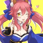  ;d animal_ears breasts citron_82 cleavage detached_sleeves fang fate/extra fate_(series) fox_ears heart japanese_clothes large_breasts one_eye_closed open_mouth pink_hair smile solo tamamo_(fate)_(all) tamamo_no_mae_(fate) twintails upper_body yellow_eyes 