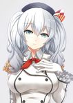  asya blue_eyes breasts drill_hair gloves hand_on_own_chest hat head_tilt highres kantai_collection kashima_(kantai_collection) large_breasts long_hair looking_at_viewer military military_uniform parted_lips silver_hair smile solo twintails uniform wavy_hair white_gloves 