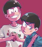  alternate_eye_color bad_id bad_pixiv_id black_hair blood blood_on_face bloody_clothes blue_eyes brothers cracking_knuckles evil_grin evil_smile eyebrows grin jumpsuit male_focus matsuno_karamatsu matsuno_osomatsu multiple_boys open_mouth osomatsu-kun osomatsu-san red_background red_eyes siblings simple_background sleeves_rolled_up smile triangle_mouth upper_body yoshimichi 