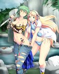  :d absurdres animal bare_shoulders belt bikini bikini_top blonde_hair blue_bikini blue_neckwear blue_ribbon blush breast_hold breasts collarbone denim female_pervert fir_tree frog green_eyes green_hair groin hair_ribbon highres hikage_(senran_kagura) holding holding_knife holding_weapon jewelry katsuragi_(senran_kagura) knife large_breasts long_hair midriff mouth_hold multiple_girls navel necklace necktie off_shoulder open_clothes open_mouth open_shirt outdoors pants pants_pull pervert plant ribbon rock senran_kagura senran_kagura_shoujo-tachi_no_shin'ei shirt short_hair short_sleeves side-tie_bikini smile stomach swimsuit torn_clothes torn_pants torn_shirt tree very_long_hair water weapon white_shirt yellow_eyes yellow_shirt yomitrooper 