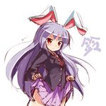  animal_ears black_jacket blazer blouse bunny_ears buttons collared_shirt cowboy_shot jacket long_hair long_sleeves necktie pleated_skirt purple_hair purple_skirt red_eyes red_neckwear reisen_udongein_inaba ryogo shirt simple_background skirt skirt_lift solo touhou translation_request white_background white_shirt 