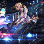  2boys aimpoint aircraft ammunition_pouch assault_rifle belt blonde_hair blue_eyes breasts building bulletproof_vest car city cleavage collarbone face_mask goggles ground_vehicle gun handgun helicopter helmet holster ikegami_noroshi load_bearing_vest long_hair m4_carbine mask medium_breasts midriff motor_vehicle multiple_boys navel neon_lights nipples no_bra open_clothes original parted_lips pistol police police_badge police_car police_uniform policeman policewoman ponytail pouch rifle scope sig_sauer sig_sauer_p229 skyscraper trigger_discipline uniform weapon 