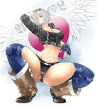  angel_(kof) black_panties blue_eyes boots breasts cai-man chaps cleavage commentary_request cowboy_boots cropped_jacket fingerless_gloves full_body gloves highres jacket large_breasts leather leather_jacket midriff navel panties silver_hair solo spread_legs squatting the_king_of_fighters underwear 