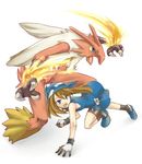  bandana bike_shorts blaziken brown_hair fang gen_3_pokemon holding holding_poke_ball odamaki_sapphire poke_ball pokemon pokemon_(creature) pokemon_special unagi_(kobucha_blaster) 