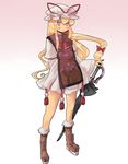  adapted_costume blonde_hair closed_umbrella garnet hat planted_umbrella planted_weapon ribbon simple_background solo standing tabard tassel touhou umbrella weapon yakumo_yukari 