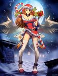  belt boots breasts candy candy_cane choker christmas cleavage food genzoman gift hat holding holding_candy_cane holding_gift large_breasts legs night original panties santa_costume santa_hat snow solo star thigh_boots thighhighs underwear wings 