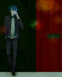  bad_id bad_pixiv_id blue_eyes blue_hair casual cellphone highres kaito male_focus phone ririco scarf smile solo vocaloid 