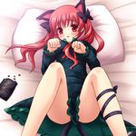  alternate_hairstyle animal_ears blush cat_ears cat_tail convenient_censoring dress extra_ears hair_ribbon kaenbyou_rin long_hair lying matatabi_(flower) multiple_tails on_back paw_pose pillow red_eyes red_hair ribbon sexually_suggestive solo sweat tail touhou twintails yamasan 