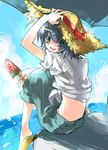  androgynous blue_eyes blue_hair death_note diabolism hat l looking_back male male_focus midriff open_mouth popsicle short_hair sitting smile solo sun_hat toujou_sakana 