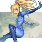  blonde_hair blue_eyes bodysuit kichin_yarou long_hair metroid no_lineart ponytail samus_aran skin_tight solo zero_suit 