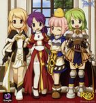  armor armored_dress artist_request blonde_hair brown_eyes garter_straps green_eyes green_hair high_priest high_wizard highres lord_knight multiple_girls one_eye_closed pink_hair purple_eyes purple_hair ragnarok_online super_novice thighhighs white_legwear 