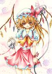  blonde_hair doily flandre_scarlet fragran0live hat laevatein looking_at_viewer marker_(medium) nib_pen_(medium) petticoat red_eyes ribbon side_ponytail skull smirk solo touhou traditional_media wings wrist_ribbon 