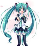  aqua_eyes aqua_hair bangs collaboration colorized detached_sleeves eto gotou_nao hair_ribbon hatsune_miku long_hair necktie ribbon skirt solo thighhighs twintails very_long_hair vocaloid zettai_ryouiki 