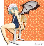  bad_id bad_pixiv_id barefoot bat_wings blue_hair feet flat_chest hat highres legs libus one-piece_swimsuit red_eyes remilia_scarlet school_swimsuit short_hair soles solo spread_toes swimsuit toes touhou wings 