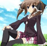  blue_eyes brown_hair earphones highres school_uniform screencap seitokai_no_ichizon shiina_minatsu skirt solo stitched thighhighs third-party_edit twintails zettai_ryouiki 