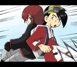  back-to-back backpack bad_id bad_pixiv_id bag black_hair gloves goggles gold_(pokemon) hood hoodie letterboxed multiple_boys open_mouth pokemon pokemon_special red_hair silver_(pokemon) silver_eyes tpi_ri wet yellow_eyes 