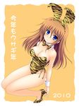  2010 animal_ears animal_print bare_legs blue_eyes brown_hair bunny_ears bunnysuit long_hair masakichi_(crossroad) original solo tiger_print 