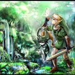  1girl blonde_hair blue_eyes fairy forest hat holding holding_sword holding_weapon imp left-handed link midna muse_(rainforest) nature orange_hair pointy_ears red_eyes sword the_legend_of_zelda the_legend_of_zelda:_twilight_princess weapon 