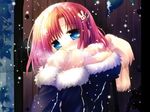 blue_eyes blush coat copyright_request hair_ornament hairclip red_hair sakurazawa_izumi scarf short_hair snow solo winter 