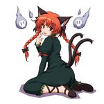  animal_ears bad_id bad_pixiv_id braid cat_ears cat_tail floating_skull full_body ghost kaenbyou_rin leg_ribbon looking_back multiple_tails no_socks pointing pointing_at_self red_eyes red_hair ribbon shira-nyoro shoes simple_background sitting solo tail touhou twin_braids twintails wariza white_background 
