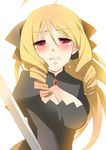  blonde_hair blush breasts cleavage drill_hair hayate_no_gotoku! long_hair medium_breasts red_eyes solo sword tears tennousu_athena touon weapon 