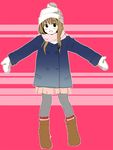  blush blush_stickers boots brown_hair coat hat mittens open_mouth original pantyhose polka_dot scarf skirt smile solo winter_clothes winter_coat yoshioka_mitsuko 