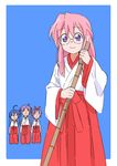  bad_id bad_pixiv_id banzai_nekomimi broom glasses hiiragi_kagami hiiragi_tsukasa izumi_konata japanese_clothes long_hair lucky_star miko multiple_girls pink_hair purple_eyes takara_miyuki 