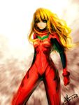  bad_id bad_pixiv_id bangs blue_eyes bodysuit bracer breasts dated gloves hair_between_eyes legs_apart long_hair looking_at_viewer neon_genesis_evangelion number orange_hair pilot_suit plugsuit signature slender_waist small_breasts solo souryuu_asuka_langley standing turtleneck urami 