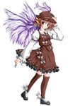  absurdres animal_ears blue_nails brown_eyes brown_hair brown_legwear dress earrings fingernails full_body hat highres jewelry long_fingernails long_hair maineko_ruru mystia_lorelei nail_polish shoes solo standing thighhighs touhou transparent_background winged_shoes wings 